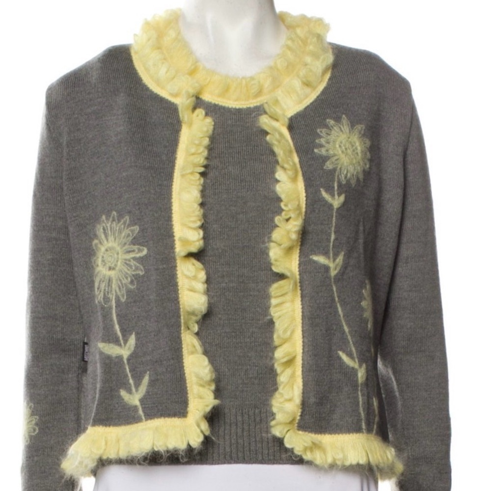 Moschino Gray Wool Cardigan and Crewneck with Yellow Floral Details